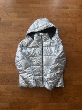 Marc New York Performance Metallic Puffer Jacket Silver Parka Hood M Ski Coat